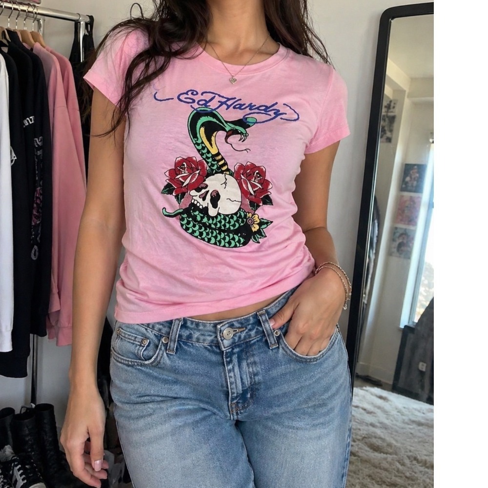 NWT Ed Hardy Graphic Tee Womens Pink Cobra Skull Rose Tattoo Shirt M EHW1105-6